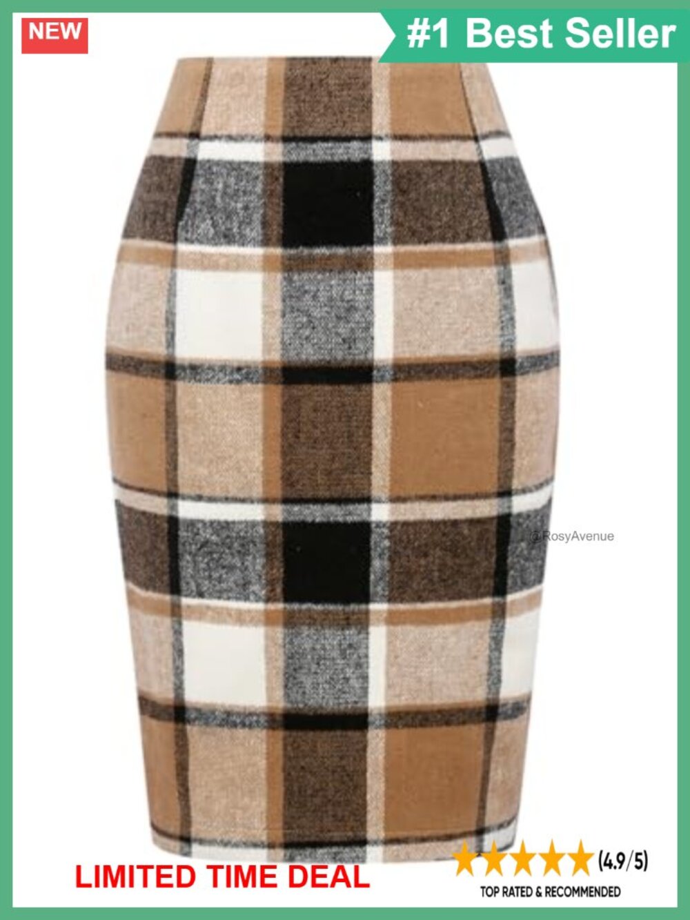 Wool Plaid High Waisted Pencil Midi Skirt with Slit